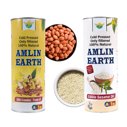 Amlin Earth cold-pressed sesame and groundnut oils with seeds, promoting health and wellness, featuring natural purity and vitality.