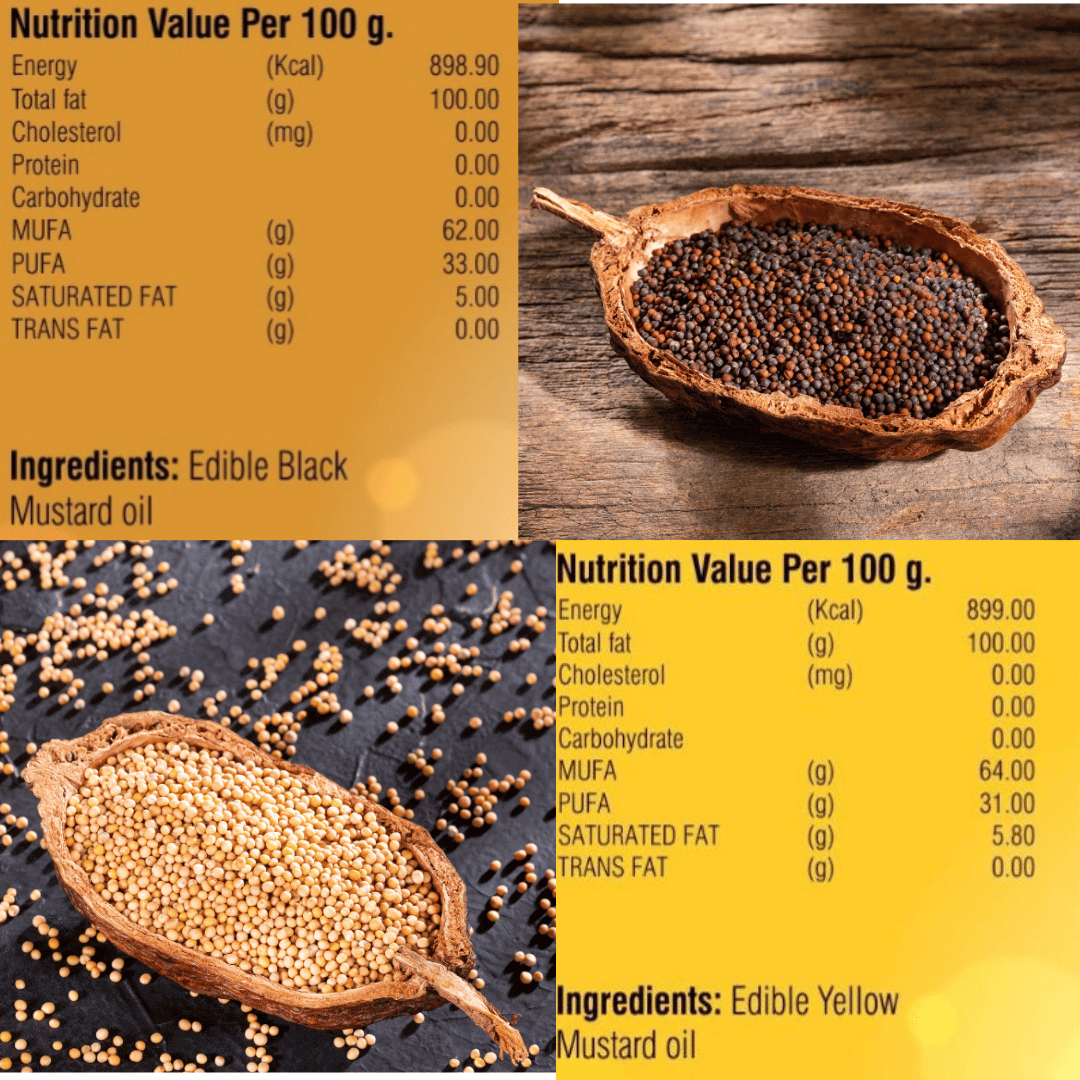 "Mustard Bundle featuring cold-pressed yellow and black mustard seeds with nutritional information by Amlin Earth"