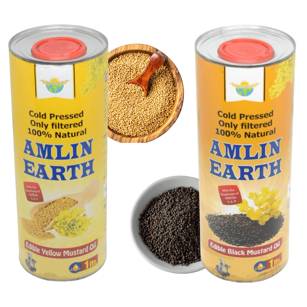 Amlin Earth's Mustard Bundle featuring cold-pressed yellow and black mustard oils and mustard seeds on display.