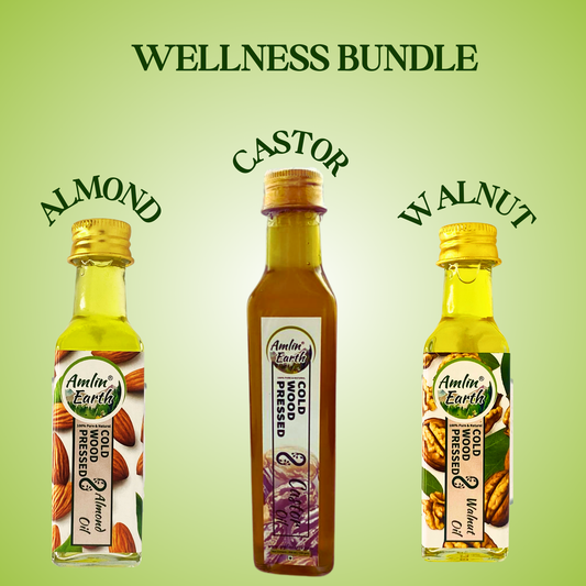 Wellness Bundle featuring cold wood pressed almond, castor, and walnut oils for enhanced health and vitality.