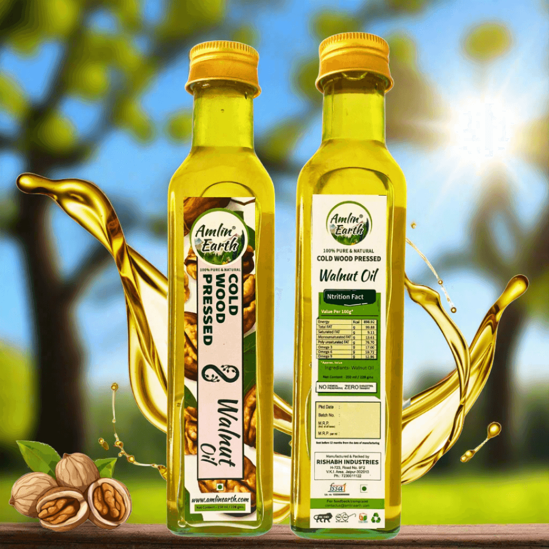 Amlin Earth's Cold Wood Pressed Walnut Oil bottles with rich, golden oil and walnuts, set against a natural backdrop.