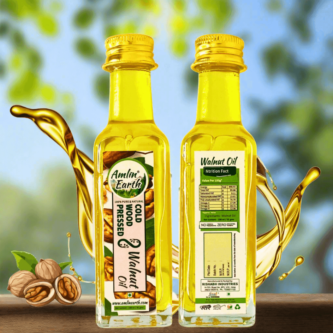 Amlin Earth's Cold Wood Pressed Walnut Oil, premium quality, in decorative bottles with walnut imagery and nutritional information.