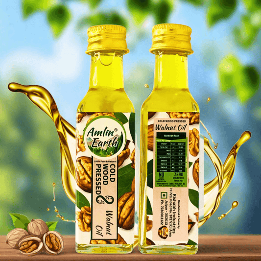 Amlin Earth's cold wood pressed walnut oil bottles with walnut imagery and nutritional details, showcasing premium quality and natural benefits.